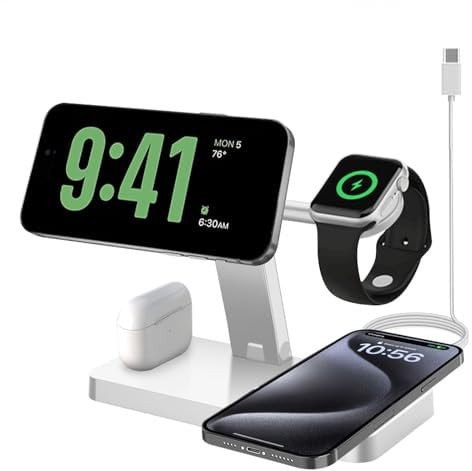 4in1 Magnetisches Kabelloses Ladegerät,kompatibel mit Magsafe Ladegerät für iPhone 16/15/14/13/12,15W Faltbare schnelle Ladestation für Apple Watch 10/9/8/7/6/5/Ultra und Airpods (Kein Stecker)