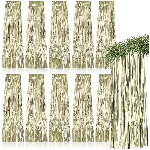 COM-FOUR® 10x Oropel - Guirnalda de Oropel Dorada para Navidad - Adornos navideños para el árbol de Navidad - Cortina de Oropel con Hilos Lisos (Color Dorado - 10 Piezas)