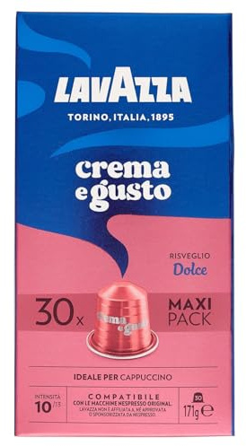 Lavazza, Crema e Gusto Dolce, 30 Kaffeekapseln Nespresso Kompatibel, mit Noten von Nüssen und Kakao, Arabica und Robusta, Intensität 10/13, Helle/Mittlere Röstung
