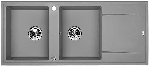 KOLMAN Granitspüle 50x116 Megalo Spülbecken Doppelbecken mit langer Abtropffläche, Space Saving Siphon (Grau)
