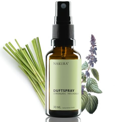 NAKURA® Raumspray, Duftspray und Lufterfrischer LEMONGRAS - PATCHOULI Bio 30 ml - Natürliches Raumduft Spray aus reinen ätherische Öle - Lufterfrischer Wohnung ohne Chemie - Lemongrass Raumduft
