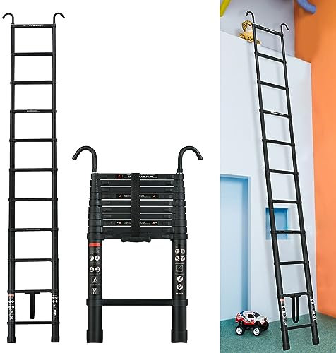 Escalera telescópica Plegable Aluminio de 3.2 m con 2 Ganchos, Portátil Escalera multifunción, Escalera de Transporte, Escalera Extensible, 11 Niveles, Capacidad de Carga 150 kg/330lbs (Negro)