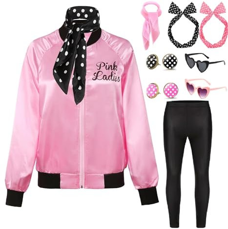 Mrsclaus Pink Ladies C031S Costume pour femme années 50 avec veste et leggings noirs, lunettes et boucles d'oreilles Rock'n Roll Grease Musical Halloween Costume de carnaval