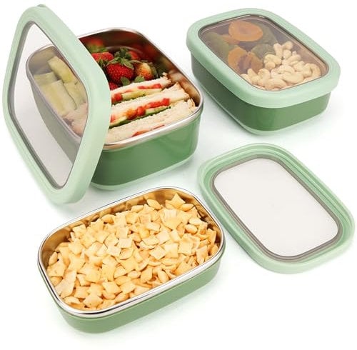 BELLE VOUS 3 Teiliges Lunchbox Edelstahl Set mit Rutschfester Außenseite - BPA-Freie - Bentobox Lunchbox Mikrowellengeeignet, Brotdose Edelstahl Spülmaschinen- & Gefriergeeignet