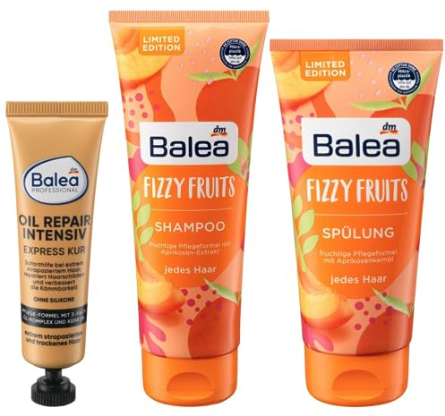 Balea 3er-Set Haarpflege: Express Kur Professional OIL REPAIR INTENSIV für strapaziertes, trockenes Haar (20 ml) + Shampoo FIZZY FRUITS (250 ml) + Spülung FIZZY FRUITS Aprikosenkernöl (200 ml), 470 ml