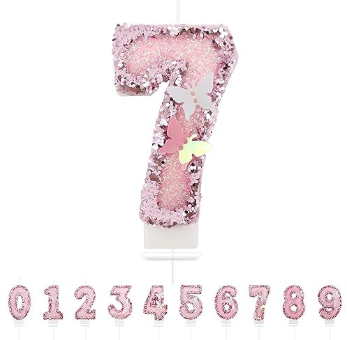 Geburtstagskerzen Zahlen 7,3D Schmetterling Geburtstagskerzen,Rosa Geburtstag Kerzen 7, Kuchen Topper Dekoration Kuchendeko Geburtstag, Geburtstagskerzen für Geburtstagsdeko