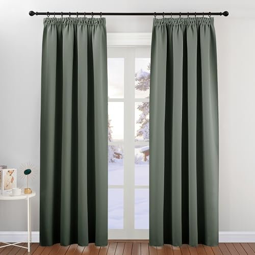 PONY DANCE Blickdichte Vorhänge mit Kräuselband 2er Set H 220 x B 140 cm Schlafzimmer Gardinen für Schienensystem Thermogardine Hitzeschutz Blackout Curtains for Living Room, Graugrün