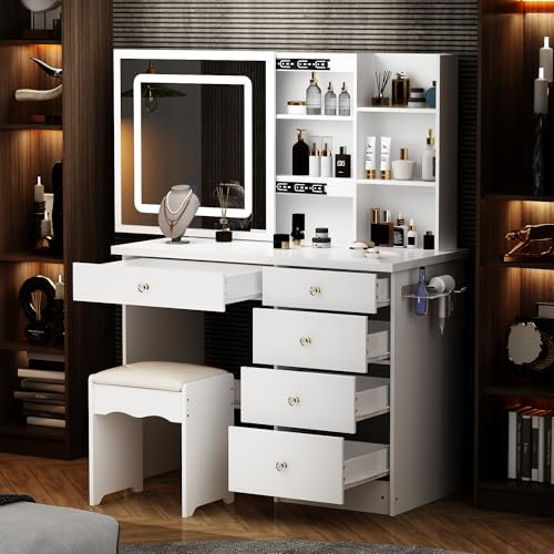 DEZAGCE Große Schminktisch mit 3 Farbe Beleuchtung, Spiegel und Hocker, Schminktische mit 5 Schubladen, Frisiertisch Kosmetiktisch mit 4 Regale, Weiß, 50 x 100 x 136 cm, MDF,keinen Haartrocknerhalter
