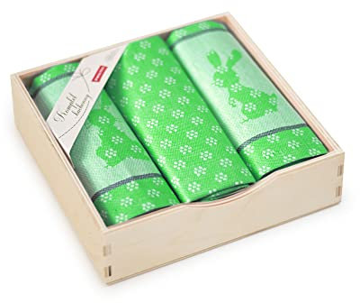 ZWOLTEX Küchentücher 3er Set & Holzbox | Perfektes Oster Set als Geschenk | Hochwertiges Design für Ihre Küche | Klassische Baumwolle | MADE IN EU (Sammlungen OSTERN), Hellgrün (3x 50x70) - Holzkiste