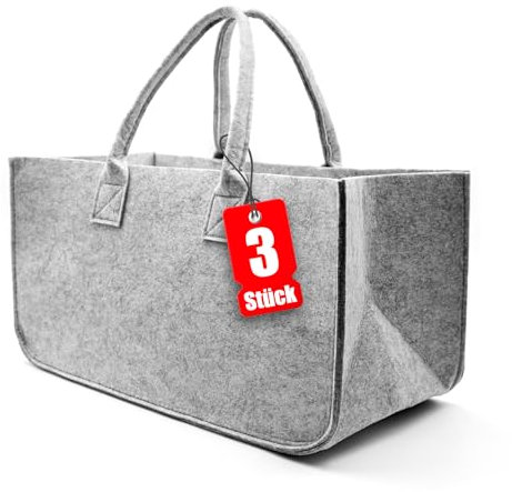 BigDean 3 Stück Filztasche groß in Hellgrau für Kaminholz oder als Shopper verwendbar – Kaminholzkorb im leichten & kompakten Design – faltbarer Holzkorb