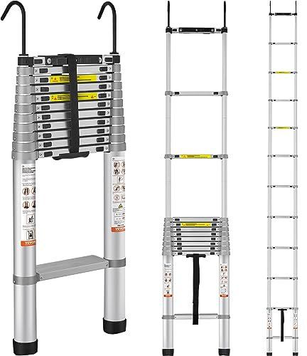 VEVOR Telescoping Ladder, 15 FT Aluminum One-button Retraction Collapsible Extension Ladder, 400 LBS Capacity with Non-slip Feet, Portable Multi-purpose Compact Ladder for Home, RV, Loft, ANSI Liste