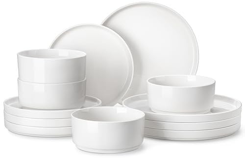 MALACASA, Serie Leah, Geschirrset 4 Personen, 12-teilig Porzellan Tafelservice Kombiservice Geschirrset Weiß, Geschirr mit Stehrand aus 4x Dinnerteller, 4x Dessertteller, 4x Müslischalen