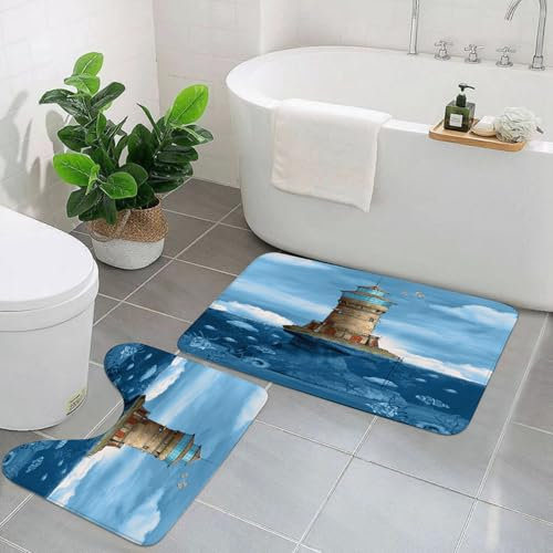 EYLOZS Badezimmerteppich Set 2 Teilig Waschbar rutschfeste Badematte Toilettenmatte Weich Saugfähige Badteppiche,Leuchtturm Möwen Vögel Architektur maritimes Riff Fische unter Wasser,