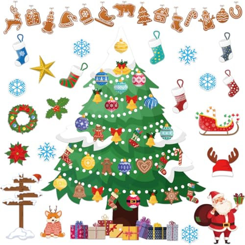 Buziba 80 adesivi da parete per albero di Natale, Natale, feste, calze, fiocchi di neve, Babbo Natale, decalcomanie da parete fai da te per bacheca, decorazione per casa, aula e l'ufficio
