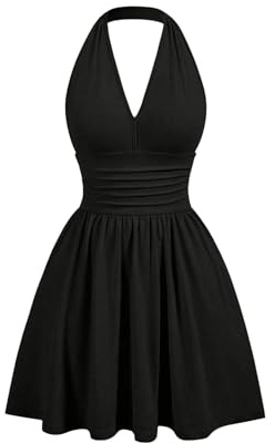 GORGLITTER Women's Flowy Halter Neck Mini Dresses Ruffle Skater Dress | Casual Gothic Style, Backless, Sleeveless, Going Out Mini Swing Dress, Ruched Flared Flared Dress