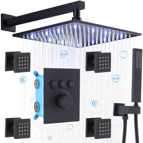 Set miscelatore termostatico per doccia a incasso con LED da 30,5 cm e sistema doccia a pioggia e funzionamento simultaneo, colore nero