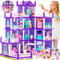 Case delle Bambole per Bambine, Casa dei Giochi a 4 Piani e 11 Stanze con 4 Bambole e Accessori per Mobili e Luci Lampeggianti, Casa delle Bambole Principessa Regalo per 3 4 5 6 7 8 Anni (Viola)