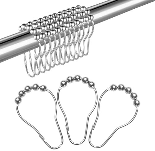 VANZAVANZU 12pcs Heavy Duty Stainless Steel Shower Curtain Hooks Rustproof Shower Curtain Rings Smooth Gliding Decorative Shower Hooks Anti-Slip Roller Balls for Shower Rods Rings, Polished Nickel