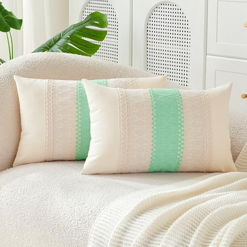 JELLYMONI Kissenbezüge Boho 30x50cm 2er Set Hellgrün Kissenhülle Gestreift Polyester Zierkissenbezüge mit Reißverschluss Dekokissen Sofakissenbezug Wurfkissenbezug für Sofa Wohnzimmer (KEIN Einsatz)