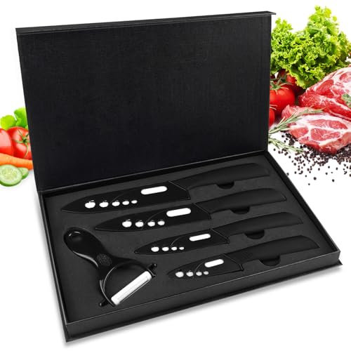 CORESLUX Ceramic Knife Set, Five Piece Kitchen Chef Knife Set with Protective Sheaths & Giftbox, Includes 6Chef /5Utility / 4Fruit / 3Paring Knife and 1''Peeler , Rust Proof And Stain Resistant.