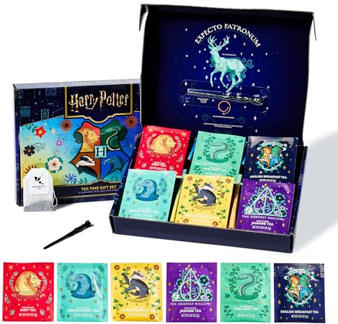 Thoughtfully Set de té Harry Potter - 48 bolsitas en 6 variedades | 48 bolsitas de té verde y negro en 6 sabores con varilla para remover - producto con licencia oficial