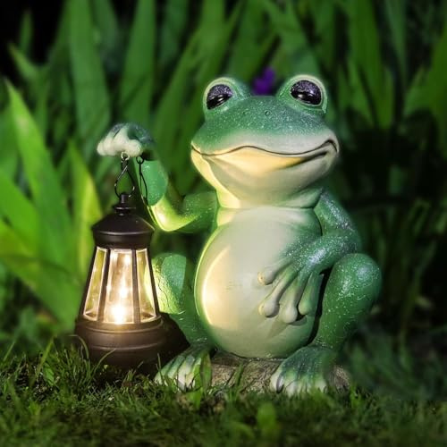 Statue de Jardin en Forme de Grenouille Solaire,Figurine Grenouille Résine Étanche avec Lanterne à LED à énergie Solaire,Grenouille Statue Jardin Exterieur avec Sourire pour Terrasse Cour Pelouse