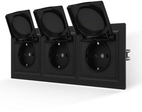 JIMEIDA Steckdose Schwarz Matt mit Deckel Glattes Hautgefühl 3 Fach mit Steckklemme 16Amp Schuko Steckdose Wandsteckdose 226 * 84mm,250V(Kann nicht vertikal installiert werden)