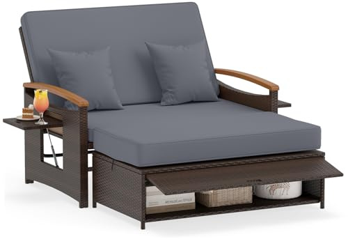 COSTWAY Lounge Möbel Outdoor, Gartensofa mit Liegefunktion | Gartenlounge mit Kissen & Seitenablagen, Rattan Lounge Sofa, Loungebett, Doppelliege 2 Personen, Balkonmöbel Kleiner Balkon