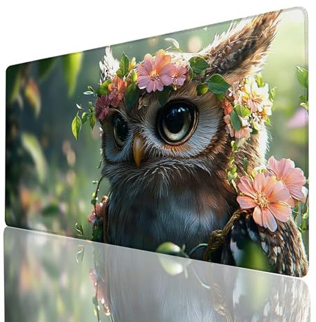 Mouse Mat, Flower Mouse Pad Large 800x400x3mm, Waterproof Desk Mat with Stitched Edge, Extended Comfortable Gaming Mousemat Owl with Smooth Cloth Surface, Home Desk Accessories Table Decor 437-GYL