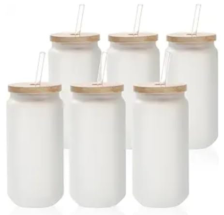 Cafultgo Vaso de sublimación esmerilado cubierto de paja y bambú, 6 formas de lata de cerveza, cafetera helada, taza transparente de cóctel, whisky (Sublimación del mate 6)