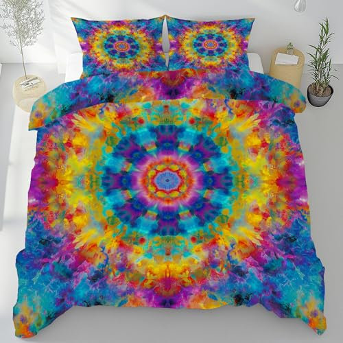 Kntnshac Traditionell Batik Kunst Bettwäsche 200x220, Geometrischer Kreis Microfaser Kuschelbettwäsche mit Reißverschluss, Bunt Wendebettwäsche, Enthält 1 Bettbezug und 2 Kissenbezug 80x80 cm