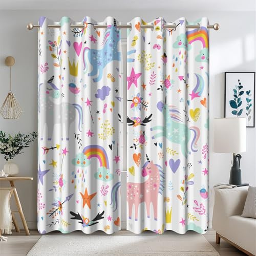 Ttincceer Einhorn-Vorhang für Kinderzimmer, Cartoon-Regenbogenwolke, Verdunkelungsvorhang für Mädchenzimmer, Bunte U-Nicorns-Fenstervorhänge für Kinderzimmer, 2 Paneele, 107x215cm