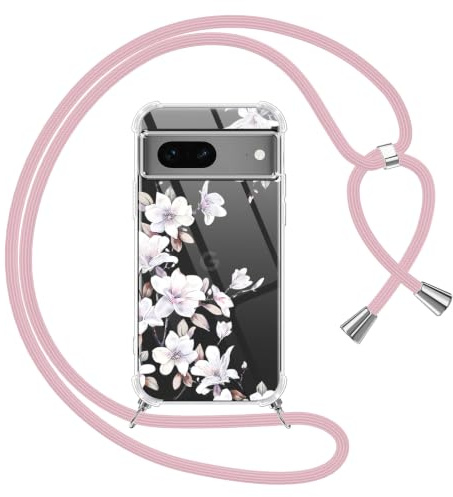 Yoedge Coque avec Cordon pour Google Pixel 7 5G 6,3, Transparente Aesthetic Motif Fleur Étui Collier Réglable Tour de Cou Lanière Corde Lanyard Case, Silicone TPU + PC Antichoc Housse Cover,05