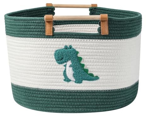 Großer Aufbewahrungskorb aus Baumwollseil mit Dinosaurier-Stickmuster, Großer Deckenkorb 35L Baumwollseilkörb mit Holzgriffen Geflochtene Körbe für Kinder Kuscheltiere Spielzeugaufbewahrung