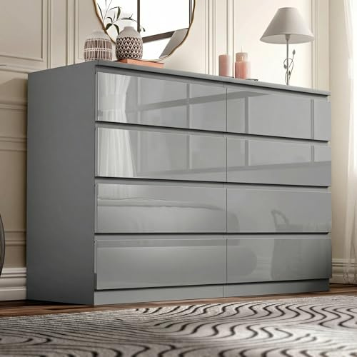 Blisswood High Gloss Chest of Drawers Bedroom, 8 Drawer Tall Chest of Drawers, Wide Bedroom Storage Dresser Cabinet for Living Room, Office or Hallway, Grey 97 x 40 x 115 cm