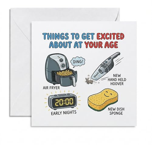 Funny Birthday Card About Getting Older – Hilarious Domestic Humor Greeting Card for Men & Women – New Sponge, Air Fryer & Early Nights Gift for Friend, Sister, Brother, Coworker, Mum, Dad