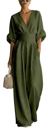 Lino Mono Mujer Elegante Media Manga Cuello en V Color Liso Moda Mujer Mono Casual Calle Glamour Monos Cintura Entallada con Bolsillo Ligera Cómodos para Fiesta Bodas Trabajo Oficina
