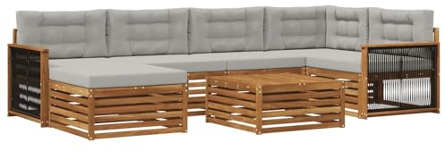 vidaXL Outdoor-Sofagarnitur mit Kissen 7 pcs Natürlich und Hellgrau, Moderne Garten-Sofa, wetterfeste Lounge-Garnitur für Terrasse, Bequeme Sitzmöbel, tolles Relaxen