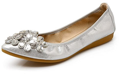 Meeshine Womens Foldable Soft Pointed Toe Ballet Flats Rhinestone Comfort Slip on Flat Shoes, Silver, Medium