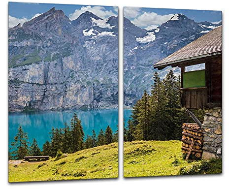 gsmarkt | Herdabdeckplatten Ceranfeldabdeckung Spritzschutz Glas 2x30x52 Berge Blau Landschaft