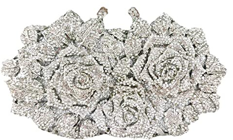 Boutique De FGG Blume Abendtasche Kristall Clutch Handtasche Damen Formale Strass Brauthandtasche Clutches für Party,Mini,Silber