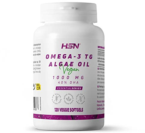 HSN Omega 3 Vegano (400mg DHA) | 120 Perlas Vegetales | 1000mg Aceite de Algas (Schizochytrium sp.) en forma de Triglicéridos Naturales [TG] de Alta Biodisponibilidad | No-GMO, Sin Gluten