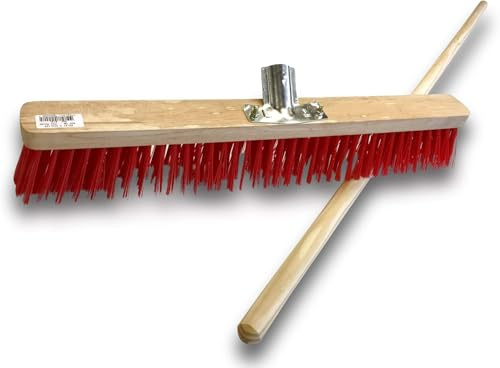 Straßenbesen mit Stiel | 10er-Set | Außenbereich | Länge 80 cm | PVC-Borsten rot | Holzsockel | Verschraubte Metallhülse Ø 28 mm | Kibros 2380BMx10
