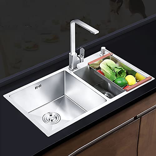 GYX-Décoration Fregadero de Cocina, Fregadero de Acero Inoxidable Fregadero de Doble Seno, con Dispensador de Jabón, Rebosadero y Kit de Desagüe, para Montaje en Superficie/Empotrado