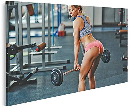 islandburner Leinwandbild Sexy Fitness glücklich blonde Mädchen Sport tragen perfekten Körper Gym posiert lächelnd junge Leichtathletik tun Deadlift Drucke Kunst Poster Wandbild