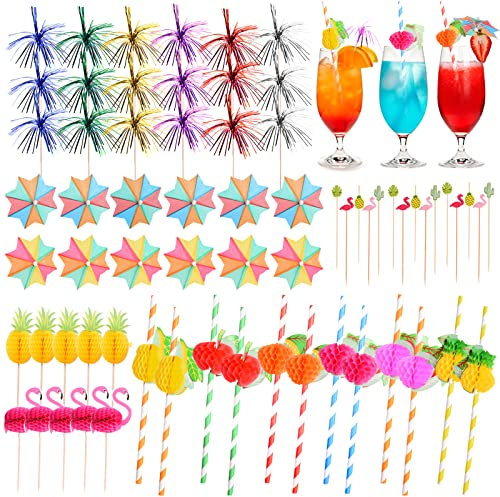 FORMIZON 150 Stück Cocktail Deko, Cocktail Party Dekorationen, 3D Flamingo Ananas Cocktail Sticks Fruchtpapier Strohhalme, Hawaii Tropical Party Dekoration Cocktailzubehör für Strand, Partydekoration