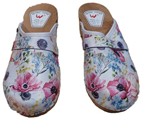 MEIWITT Naturfellshop Holzschuhe Schweden Clogs Echt Leder/Holz Sohle/Holzclogs Pantoletten, weiß geblümt, EU 39
