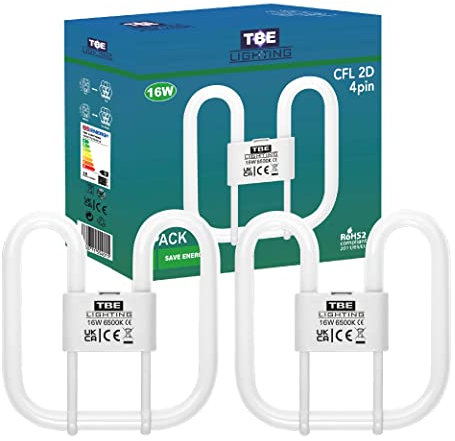 TBE LIGHTING 16w 2D 4-PIN CFL Energy Saving Lamps - DD Fluorescent Bulbs - 4-Pin GR10q Base Fittings - Long Life Lamp, Day Light White 6500K (2PACK)