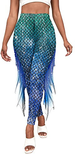 FEOYA Damen Push Up Leggings High Waist Leggins Meerjungfrau Bedruckte Leggings mit Flosse Glänzend Hose für Karneval Kostüm Alltag Halloween Rollenspiel Party Yoga D S