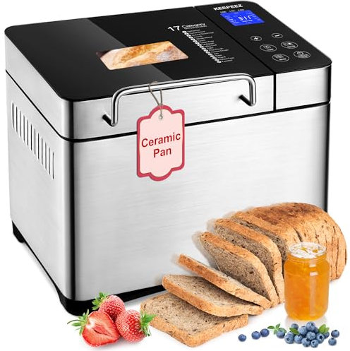 17-IN-1 All Stainless Steel Bread Maker, 2LB Bread Machine BPA-Free Non-Stick 5-Layer Superior Die-Cast Ceramic Pan, Auto Fruit Nut Dispenser, 2 Paddles & Full Touch Panel,15H Timer&Keep Warm, Recipes